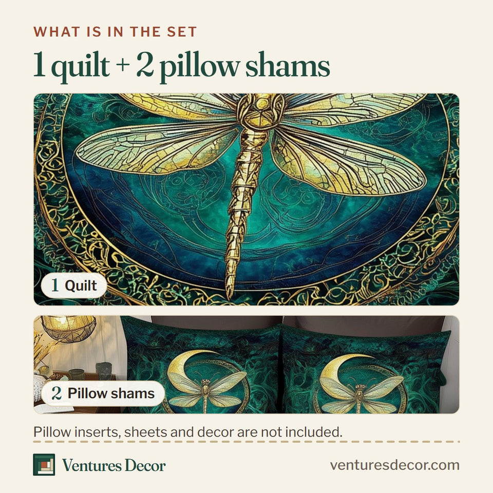 What is in the set: one quilt and two pillow shams, shown in the Dragonfly Mandala Ringed Medallion Crescent design