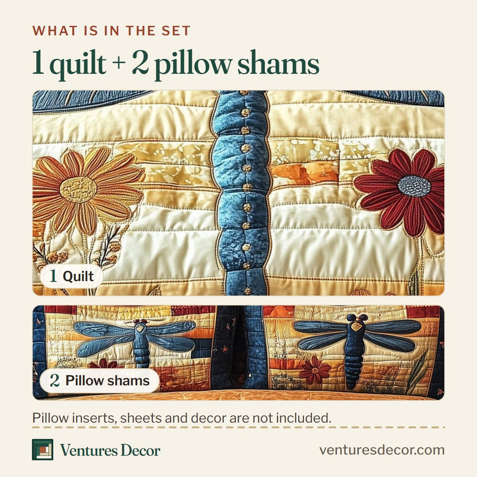 What is in the set: one quilt and two pillow shams, shown in the Dragonfly Meadow Medallion design
