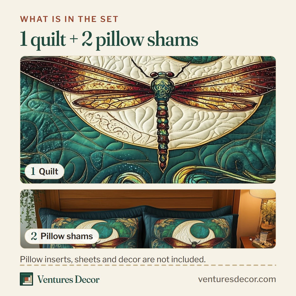 What is in the set: one quilt and two pillow shams, shown in the Dragonfly Moon Vine Mandala design