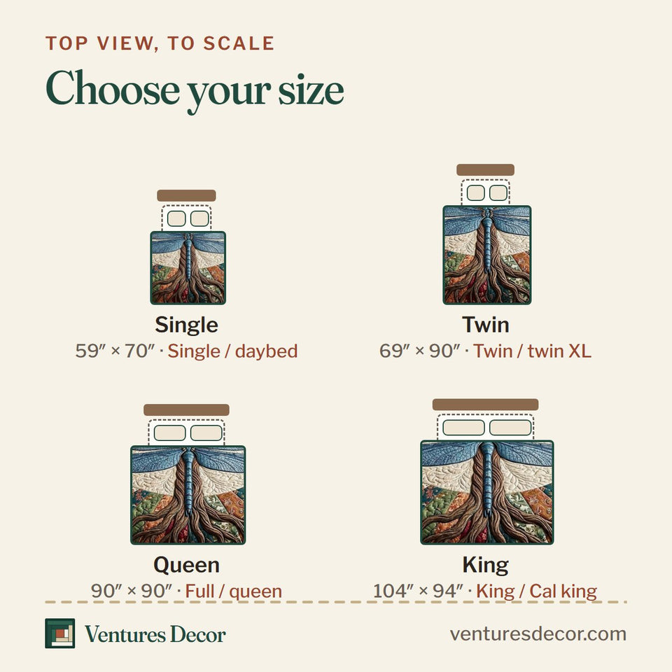 Size guide for the Dragonfly on the Tree of Life quilt, top view to scale: Single 59 x 70 in, Twin 69 x 90 in, Queen 90 x 90 in, King 104 x 94 in