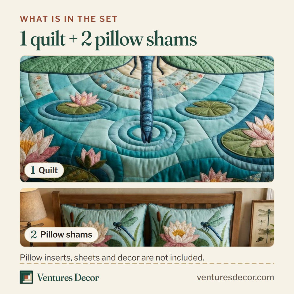 What is in the set: one quilt and two pillow shams, shown in the Dragonfly over the Lily Pond design