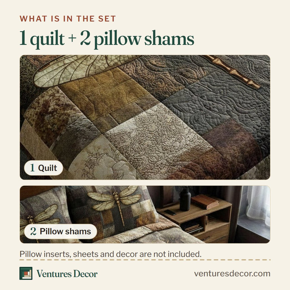 What is in the set: one quilt and two pillow shams, shown in the Dragonfly Rustic Patchwork Squares design