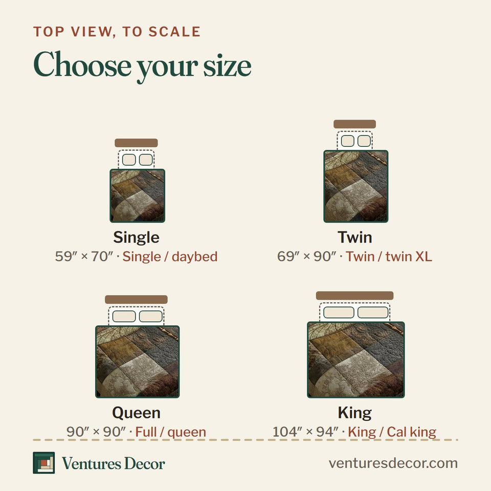 Size guide for the Dragonfly Rustic Patchwork Squares quilt, top view to scale: Single 59 x 70 in, Twin 69 x 90 in, Queen 90 x 90 in, King 104 x 94 in