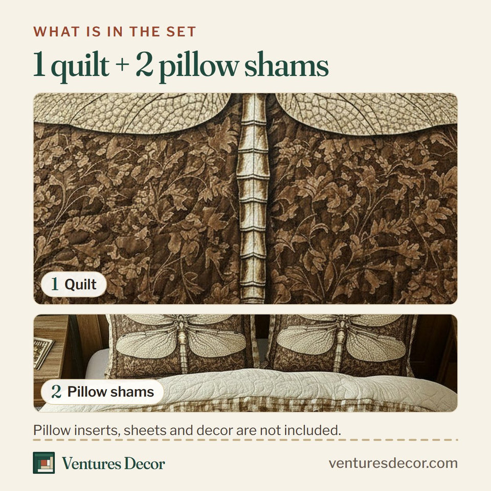 What is in the set: one quilt and two pillow shams, shown in the Dragonfly Sepia Tone Framed Panel design