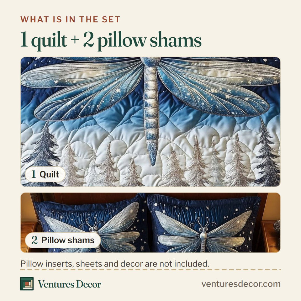 What is in the set: one quilt and two pillow shams, shown in the Dragonfly Silver Wings Over Snowy Pines design