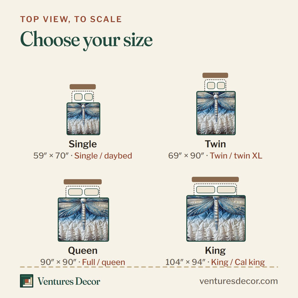 Size guide for the Dragonfly Silver Wings Over Snowy Pines quilt, top view to scale: Single 59 x 70 in, Twin 69 x 90 in, Queen 90 x 90 in, King 104 x 94 in