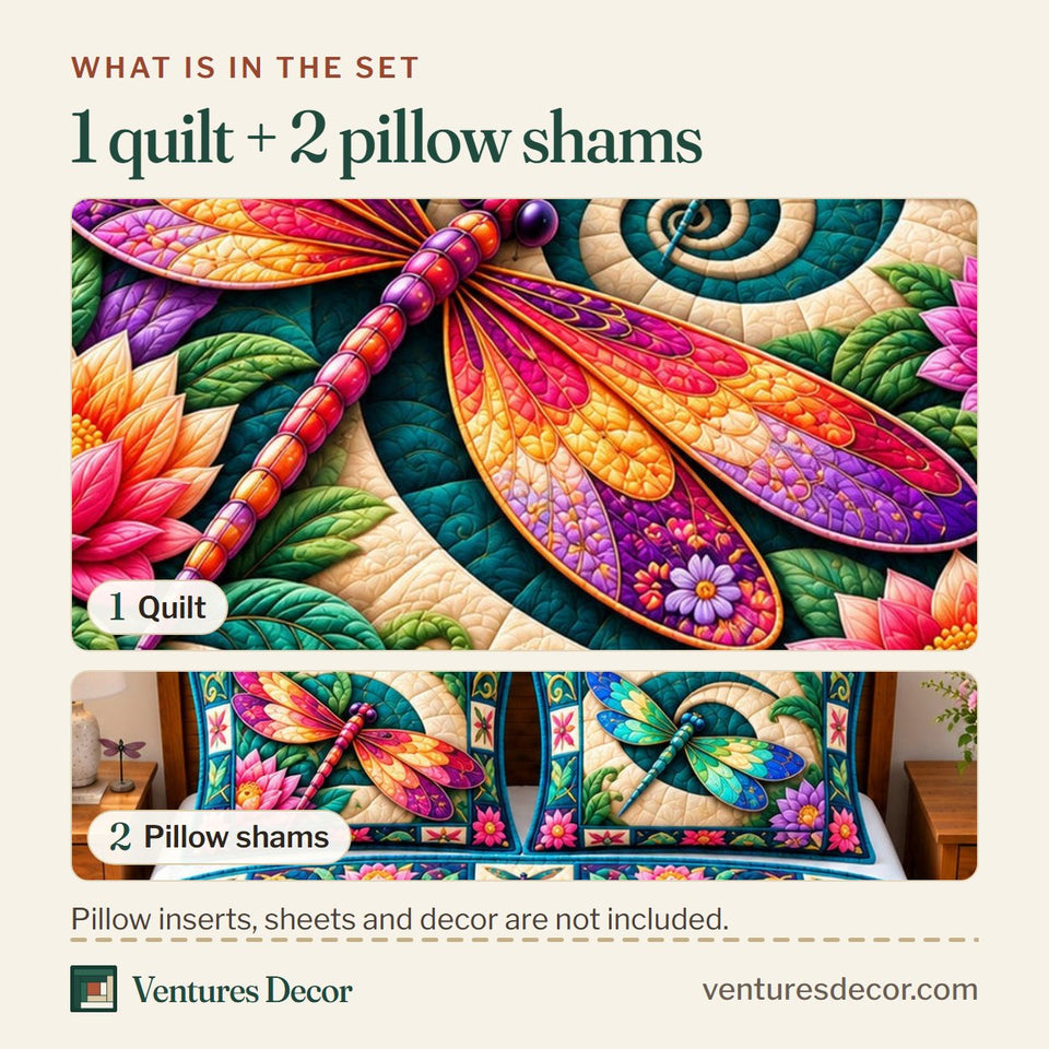 What is in the set: one quilt and two pillow shams, shown in the Dragonfly Summer Bliss design