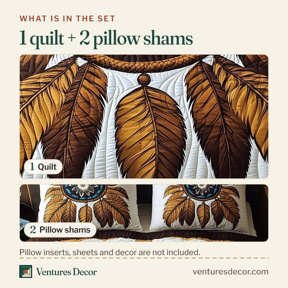 What is in the set: one quilt and two pillow shams, shown in the Dreamcatcher Layered Feather Fan On Cream design