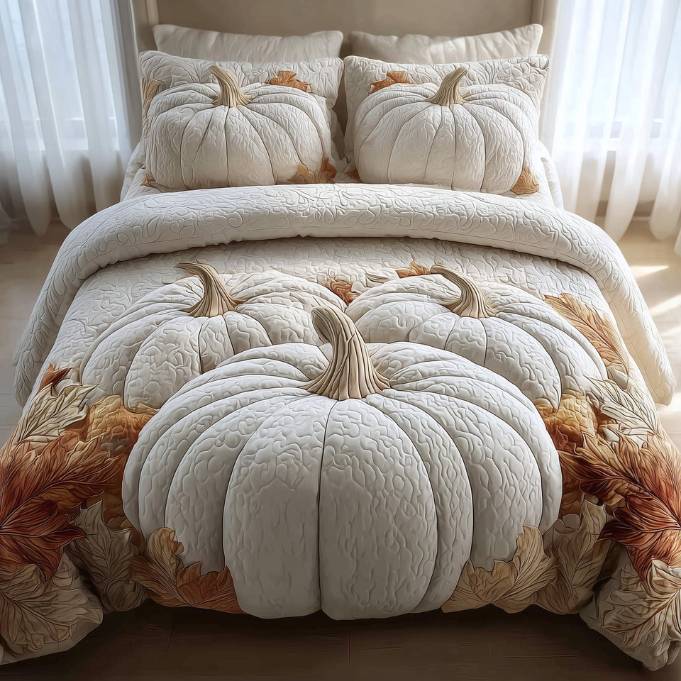Dreamy Pumpkin Patch Ribbed Ivory Gourd Close Up quilted bedding set, quilt and two pillow shams on a made bed
