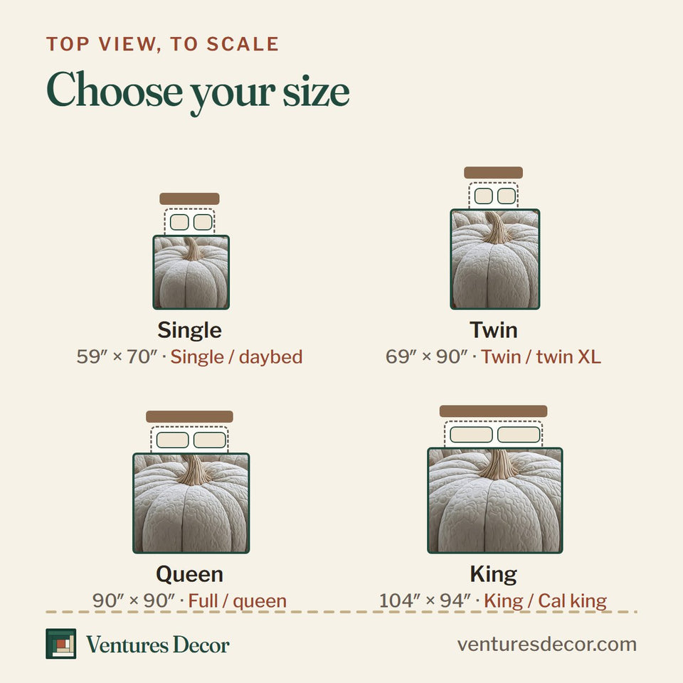 Size guide for the Dreamy Pumpkin Patch Ribbed Ivory Gourd Close Up quilt, top view to scale: Single 59 x 70 in, Twin 69 x 90 in, Queen 90 x 90 in, King 104 x 94 in