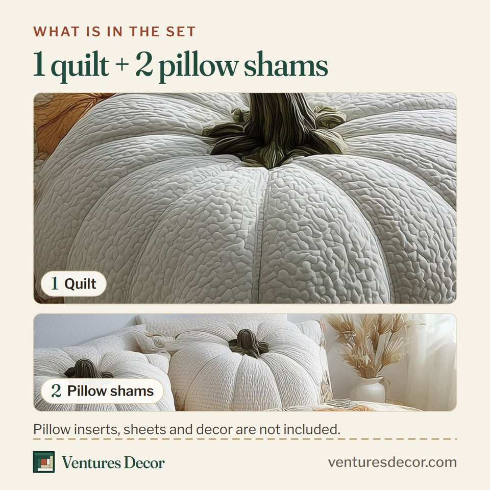 What is in the set: one quilt and two pillow shams, shown in the Dreamy Pumpkin Patch Single White Gourd On Cream design
