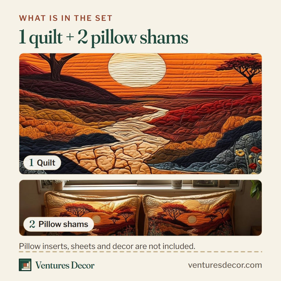 What is in the set: one quilt and two pillow shams, shown in the Dried Soil Motherland Acacia at Amber Sunset design