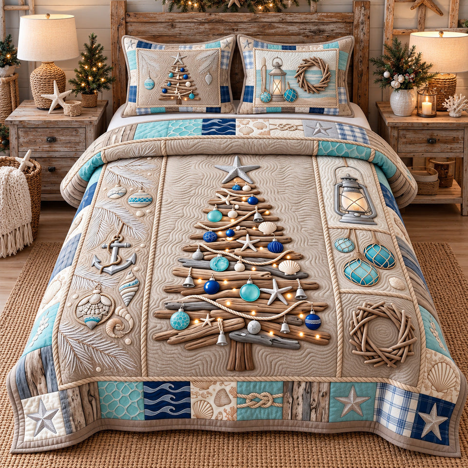 Driftwood Christmas Tree quilted bedding set, quilt and two pillow shams on a made bed