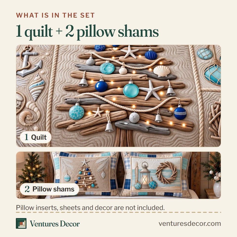 What is in the set: one quilt and two pillow shams, shown in the Driftwood Christmas Tree Quilt Set, 3-Piece Quilted Bedding with 2 Pillow Shams design