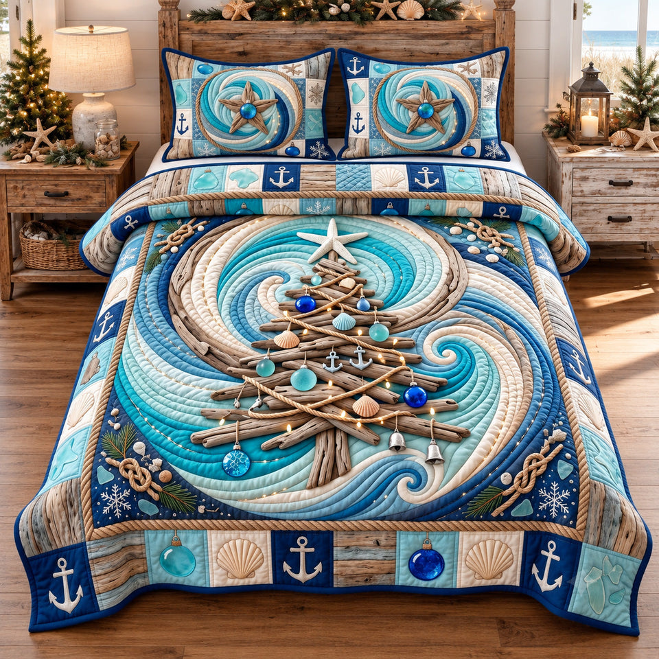 Driftwood Holiday Tree quilted bedding set, quilt and two pillow shams on a made bed