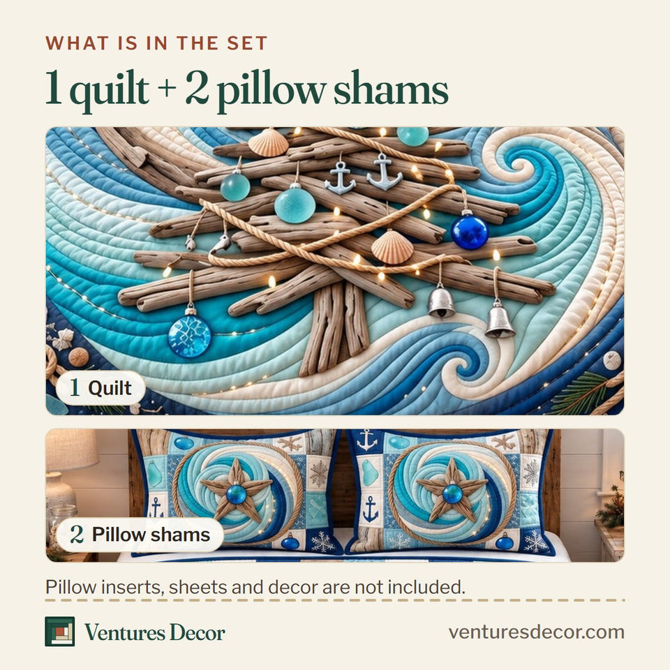 What is in the set: one quilt and two pillow shams, shown in the Driftwood Holiday Tree Quilt Set, 3-Piece Quilted Bedding with 2 Pillow Shams design