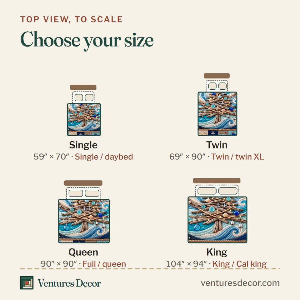 Size guide for the Driftwood Holiday Tree Quilt Set, 3-Piece Quilted Bedding with 2 Pillow Shams quilt, top view to scale: Single 59 x 70 in, Twin 69 x 90 in, Queen 90 x 90 in, King 104 x 94 in