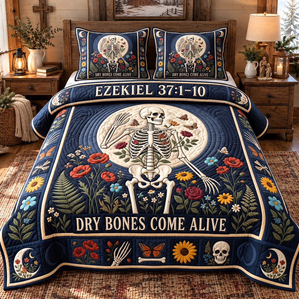 Dry Bones Come Alive Bible quilted bedding set, quilt and two pillow shams on a made bed
