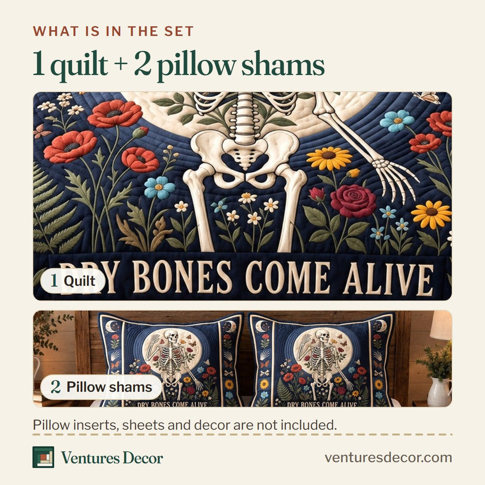What is in the set: one quilt and two pillow shams, shown in the Christian Dry Bones Come Alive Bible Quilt Set, 3-Piece Quilted Bedding with 2 Pillow Shams design