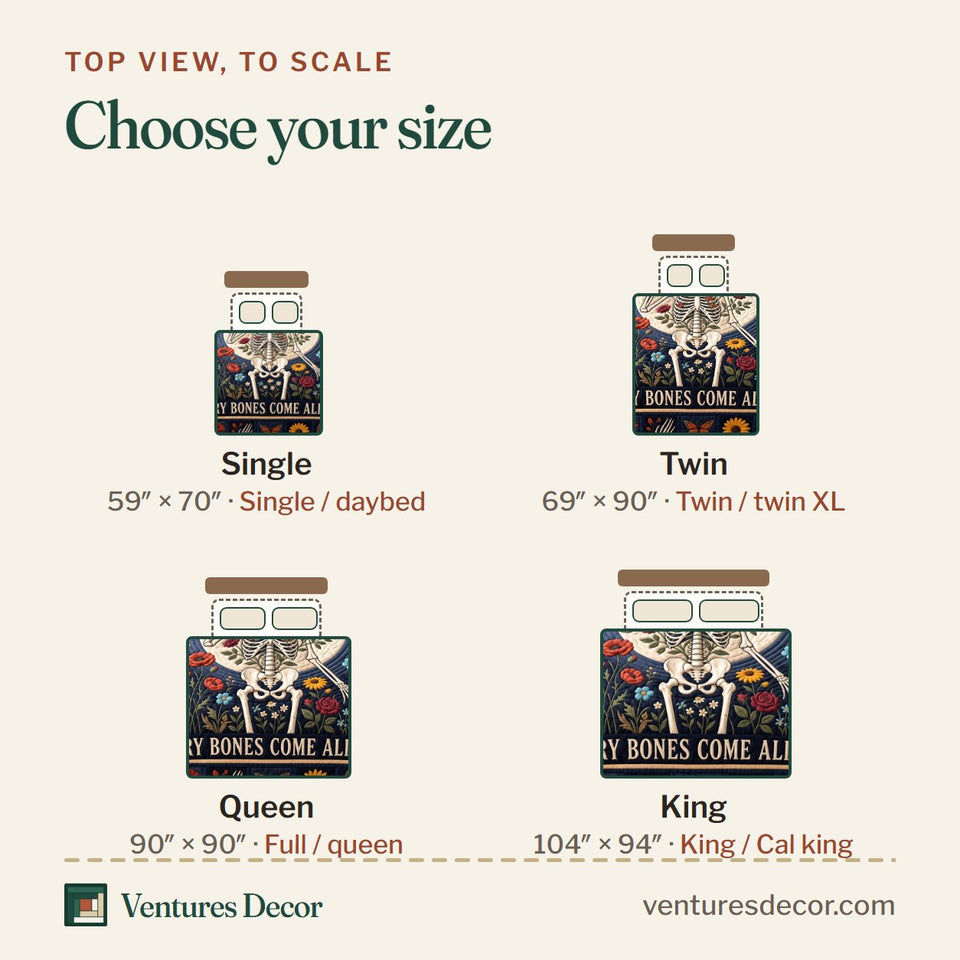 Size guide for the Christian Dry Bones Come Alive Bible Quilt Set, 3-Piece Quilted Bedding with 2 Pillow Shams quilt, top view to scale: Single 59 x 70 in, Twin 69 x 90 in, Queen 90 x 90 in, King 104 x 94 in
