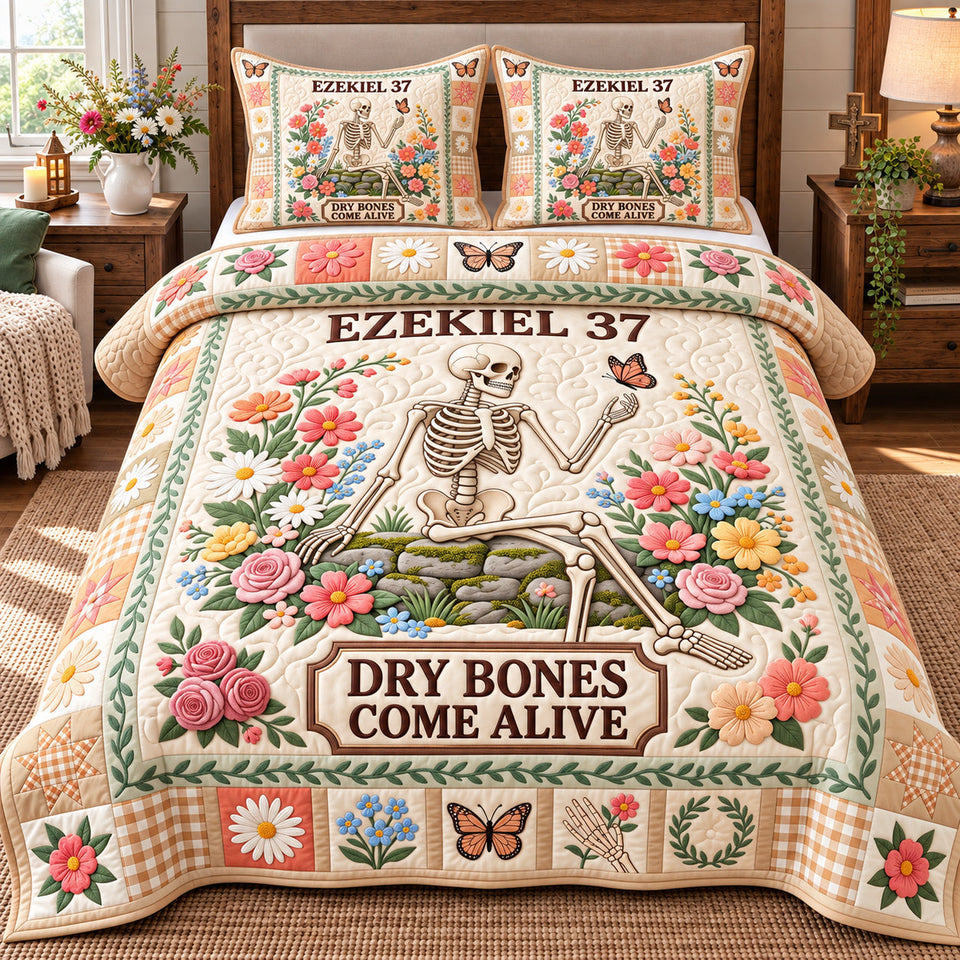 Dry Bones Come Alive Christian quilted bedding set, quilt and two pillow shams on a made bed