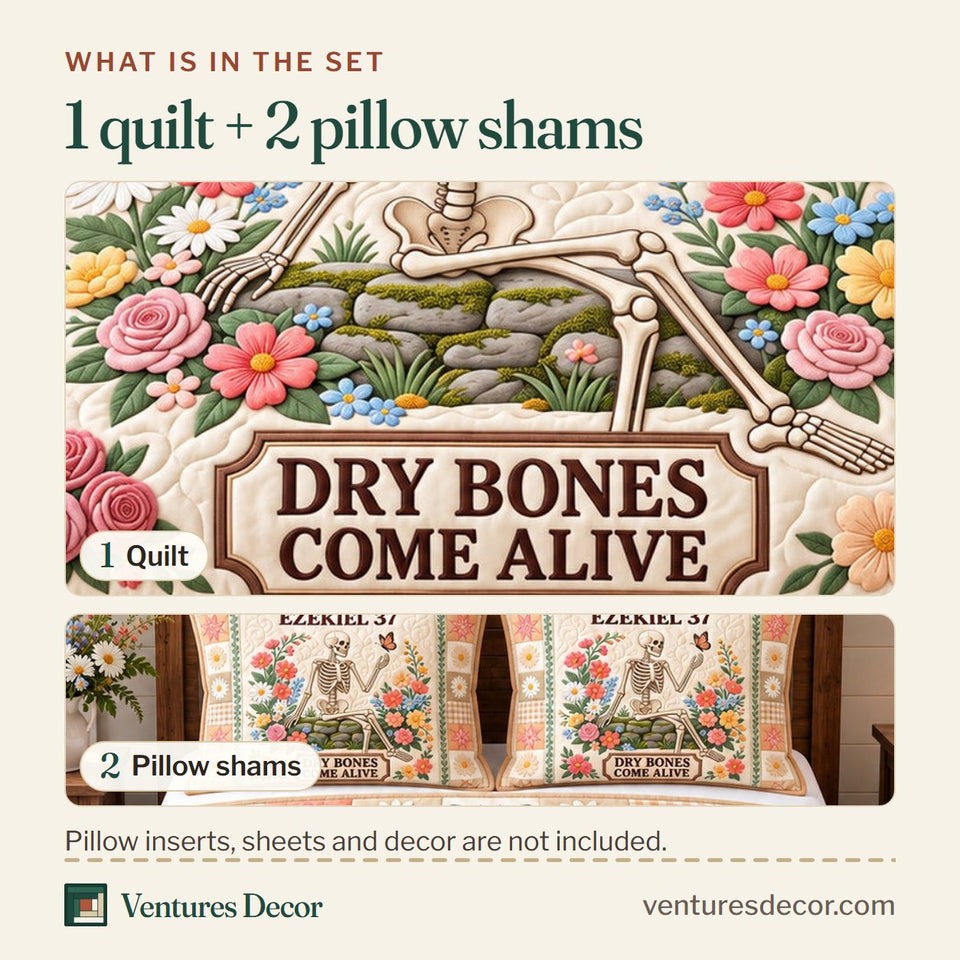 What is in the set: one quilt and two pillow shams, shown in the Dry Bones Come Alive Christian Quilt Set, 3-Piece Quilted Bedding with 2 Pillow Shams design