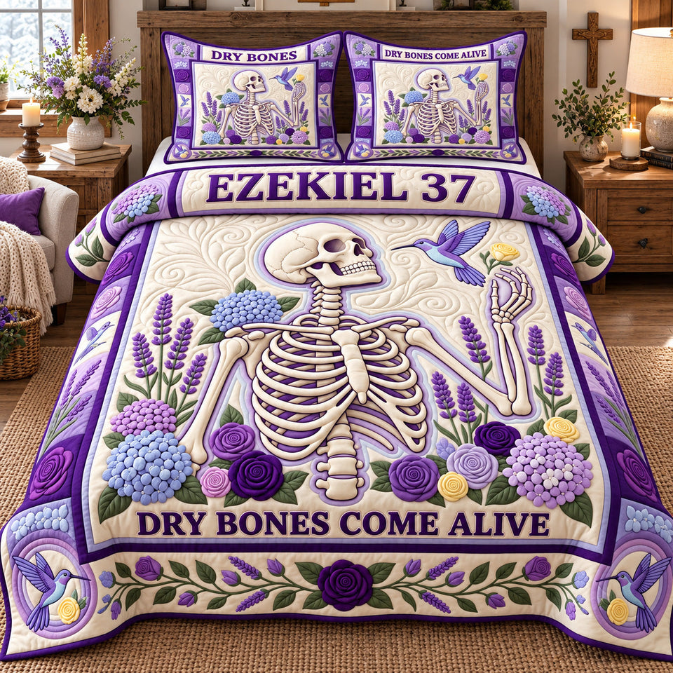 Dry Bones Come Alive God quilted bedding set, quilt and two pillow shams on a made bed