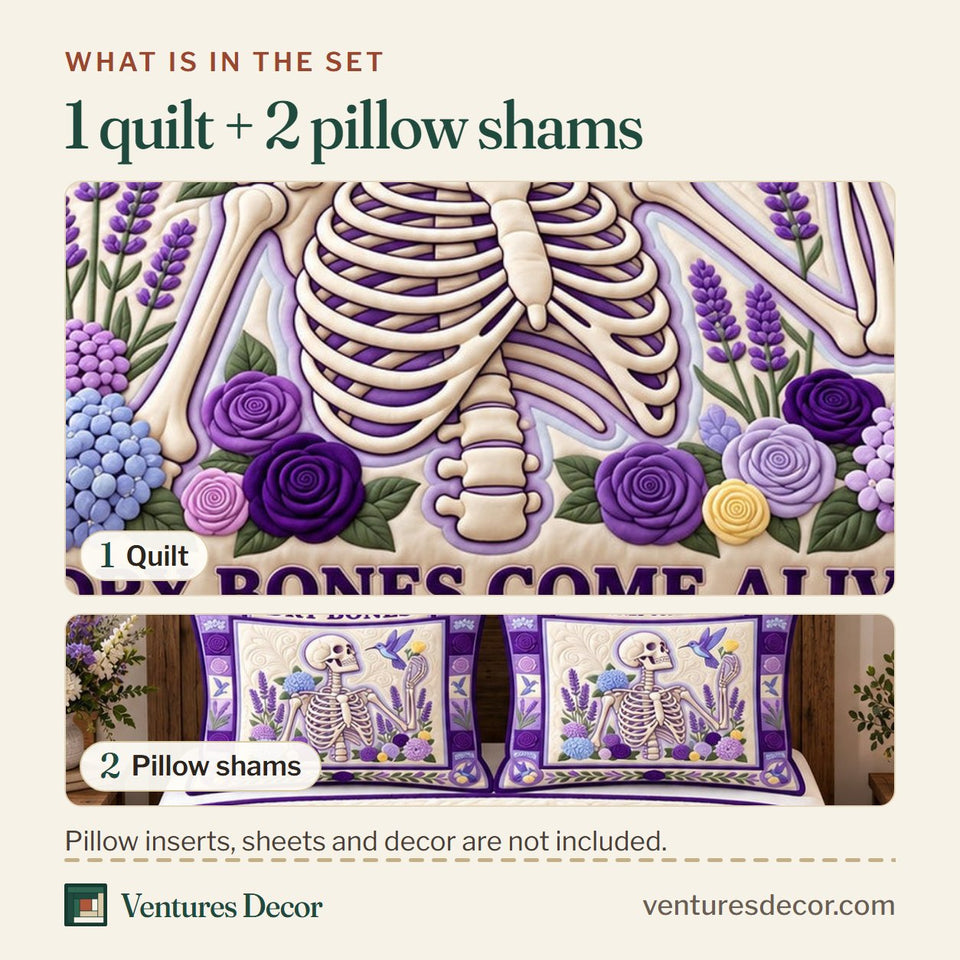 What is in the set: one quilt and two pillow shams, shown in the Dry Bones Come Alive God Quilt Set, 3-Piece Quilted Bedding with 2 Pillow Shams design