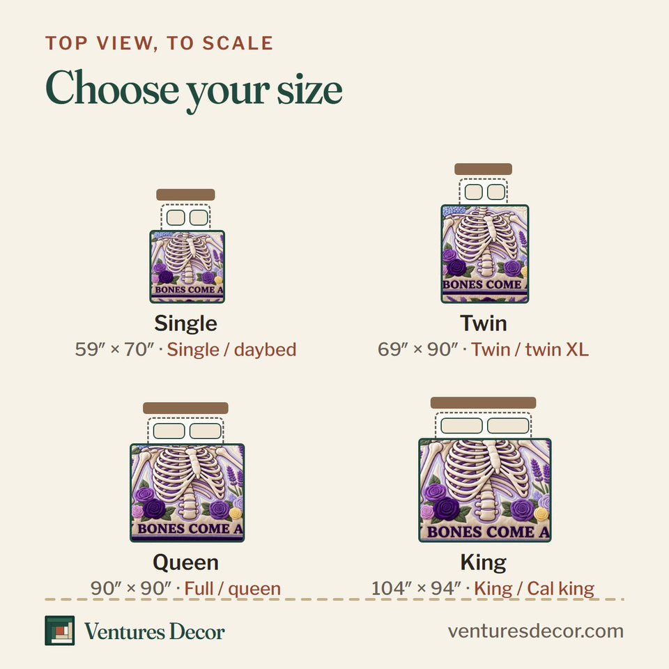 Size guide for the Dry Bones Come Alive God Quilt Set, 3-Piece Quilted Bedding with 2 Pillow Shams quilt, top view to scale: Single 59 x 70 in, Twin 69 x 90 in, Queen 90 x 90 in, King 104 x 94 in