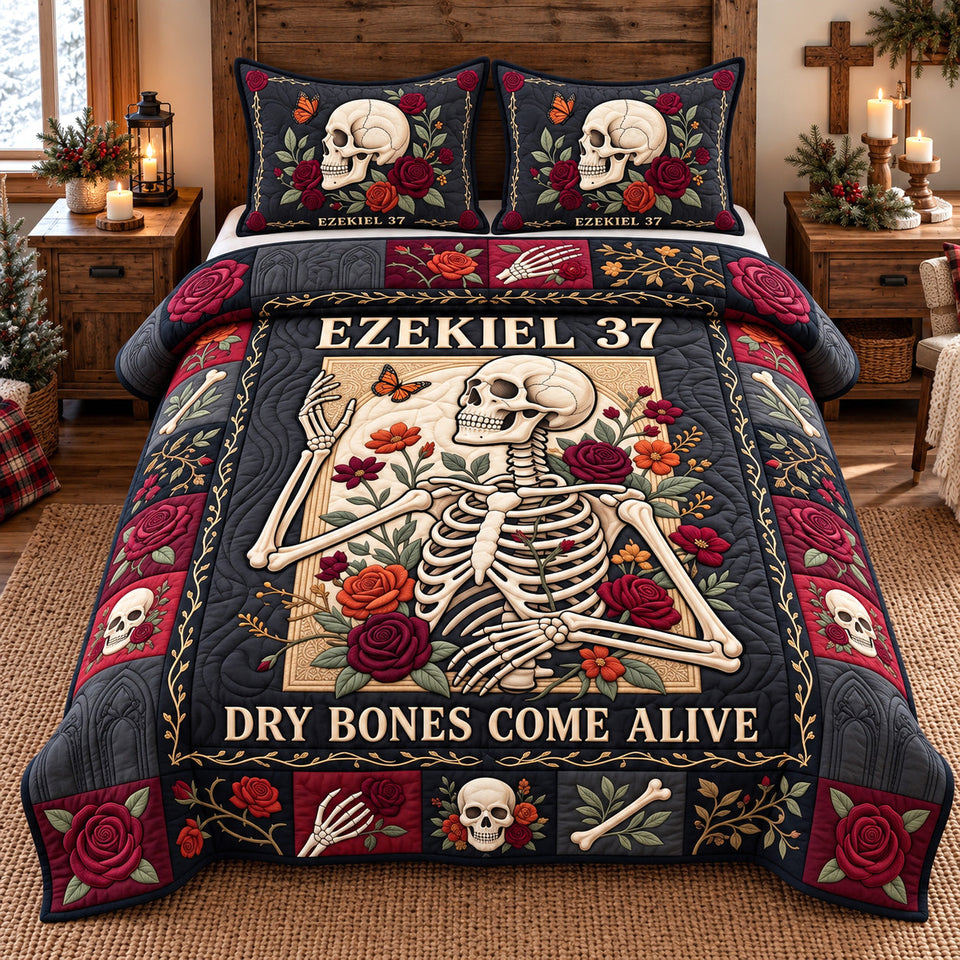 Dry Bones Come Alive in Charcoal quilted bedding set, quilt and two pillow shams on a made bed