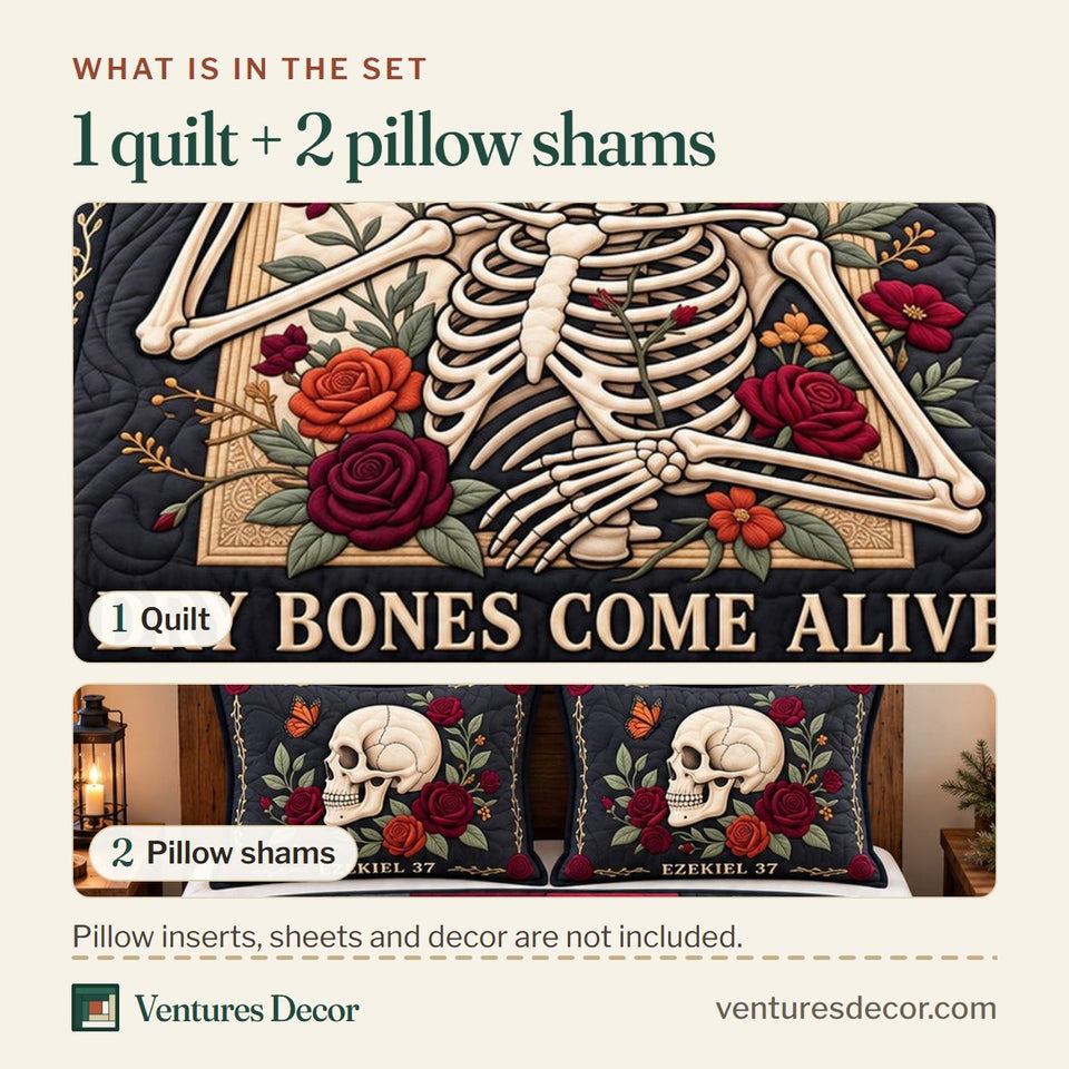 What is in the set: one quilt and two pillow shams, shown in the Dry Bones Come Alive in Charcoal Quilt Set, 3-Piece Quilted Bedding with 2 Pillow Shams design