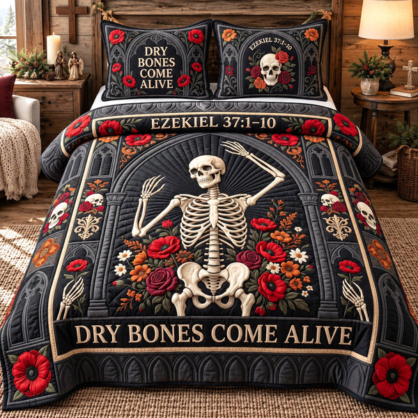 Dry Bones Come Alive Jesus quilted bedding set, quilt and two pillow shams on a made bed