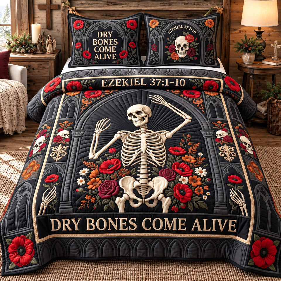 Dry Bones Come Alive Jesus quilted bedding set, quilt and two pillow shams on a made bed