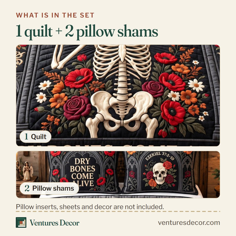 What is in the set: one quilt and two pillow shams, shown in the Christian Dry Bones Come Alive Jesus Quilt Set, 3-Piece Quilted Bedding with 2 Pillow Shams design