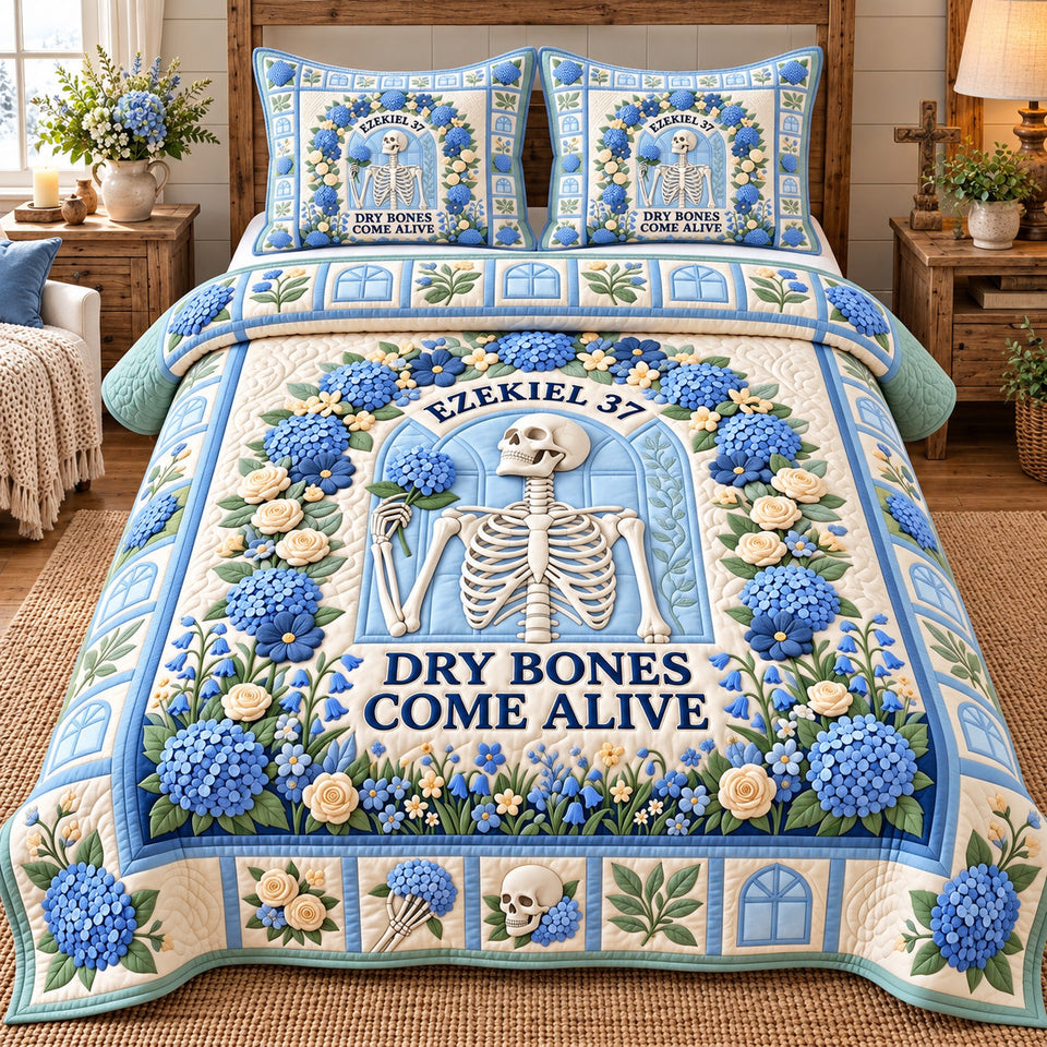 Dry Bones Come Alive quilted bedding set, quilt and two pillow shams on a made bed
