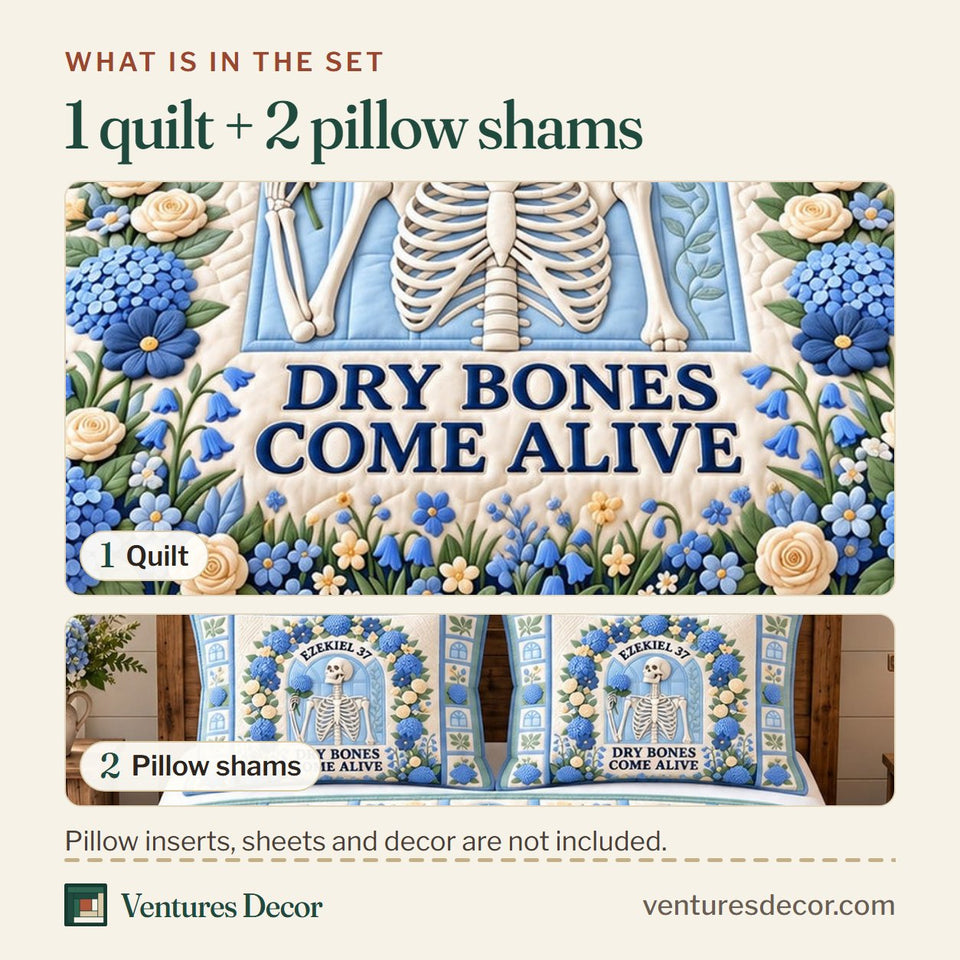 What is in the set: one quilt and two pillow shams, shown in the Dry Bones Come Alive Quilt Set, 3-Piece Quilted Bedding with 2 Pillow Shams design