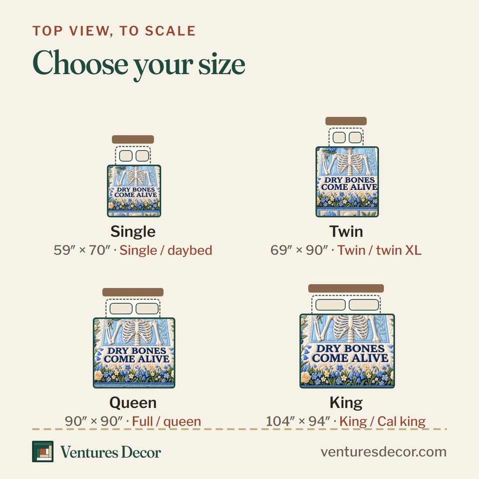 Size guide for the Dry Bones Come Alive Quilt Set, 3-Piece Quilted Bedding with 2 Pillow Shams quilt, top view to scale: Single 59 x 70 in, Twin 69 x 90 in, Queen 90 x 90 in, King 104 x 94 in