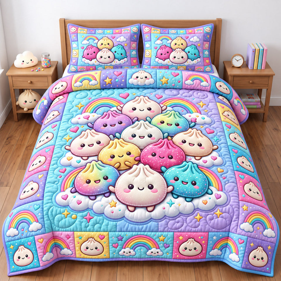 Dumpling Lover Cute Dumpling quilted bedding set, quilt and two pillow shams on a made bed