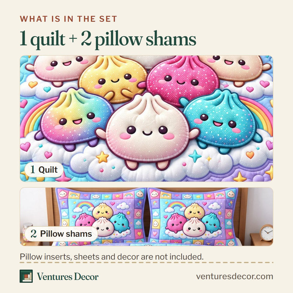 What is in the set: one quilt and two pillow shams, shown in the Dumpling Lover Cute Dumpling design