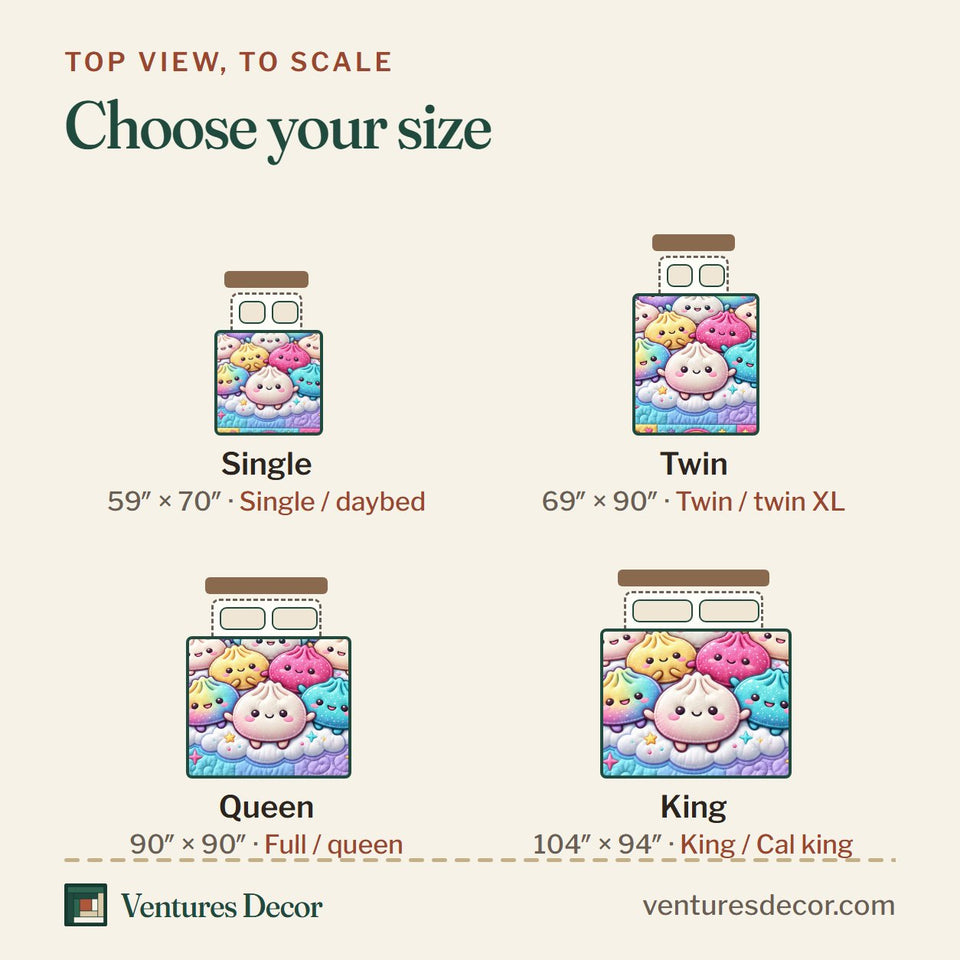 Size guide for the Dumpling Lover Cute Dumpling quilt, top view to scale: Single 59 x 70 in, Twin 69 x 90 in, Queen 90 x 90 in, King 104 x 94 in