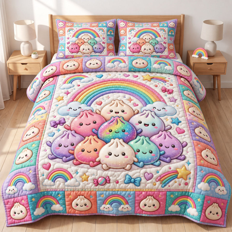 Dumpling Lover Cute Food quilted bedding set, quilt and two pillow shams on a made bed