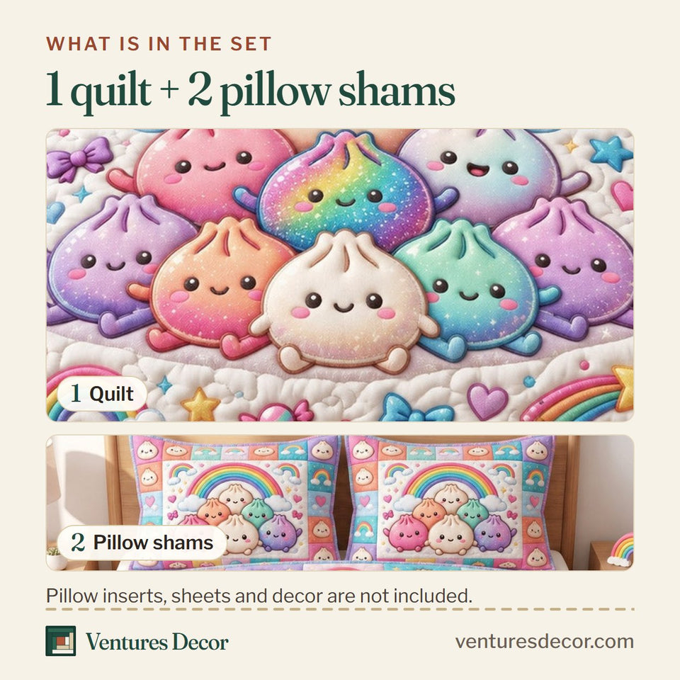 What is in the set: one quilt and two pillow shams, shown in the Dumpling Lover Cute Food design