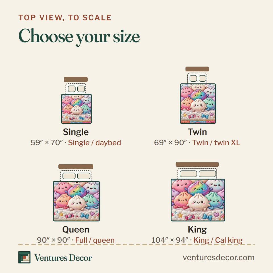 Size guide for the Dumpling Lover Cute Food quilt, top view to scale: Single 59 x 70 in, Twin 69 x 90 in, Queen 90 x 90 in, King 104 x 94 in
