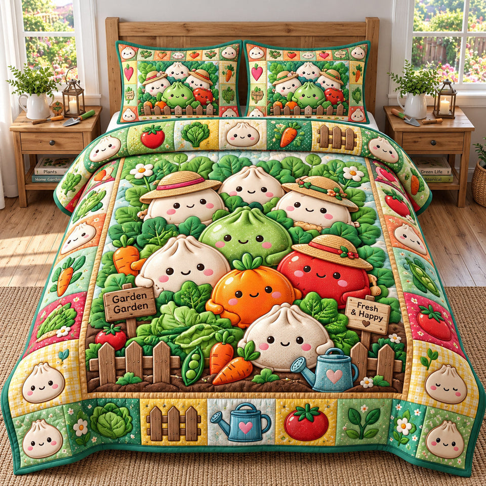 Dumpling Lover Dumpling Gift quilted bedding set, quilt and two pillow shams on a made bed