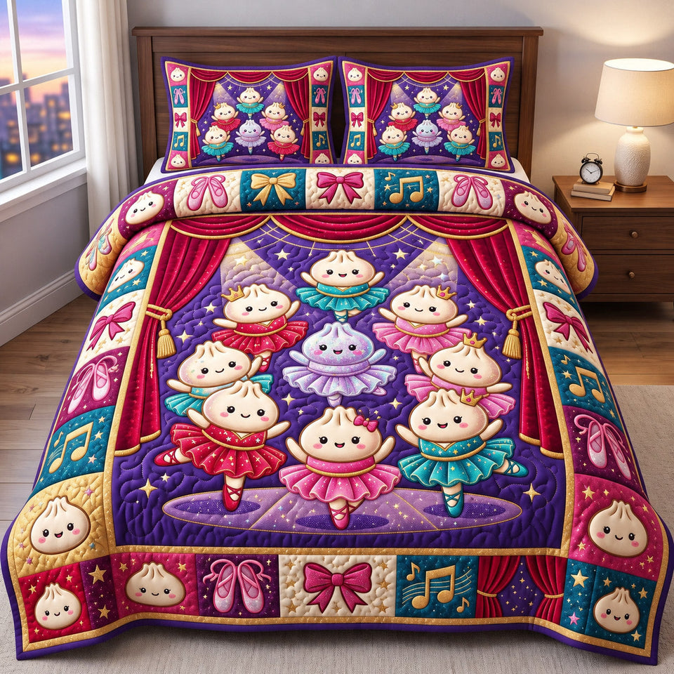 Dumpling Lover Foodie Gift quilted bedding set, quilt and two pillow shams on a made bed