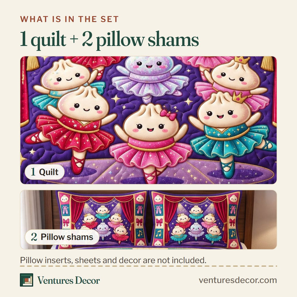 What is in the set: one quilt and two pillow shams, shown in the Dumpling Lover Foodie Gift design