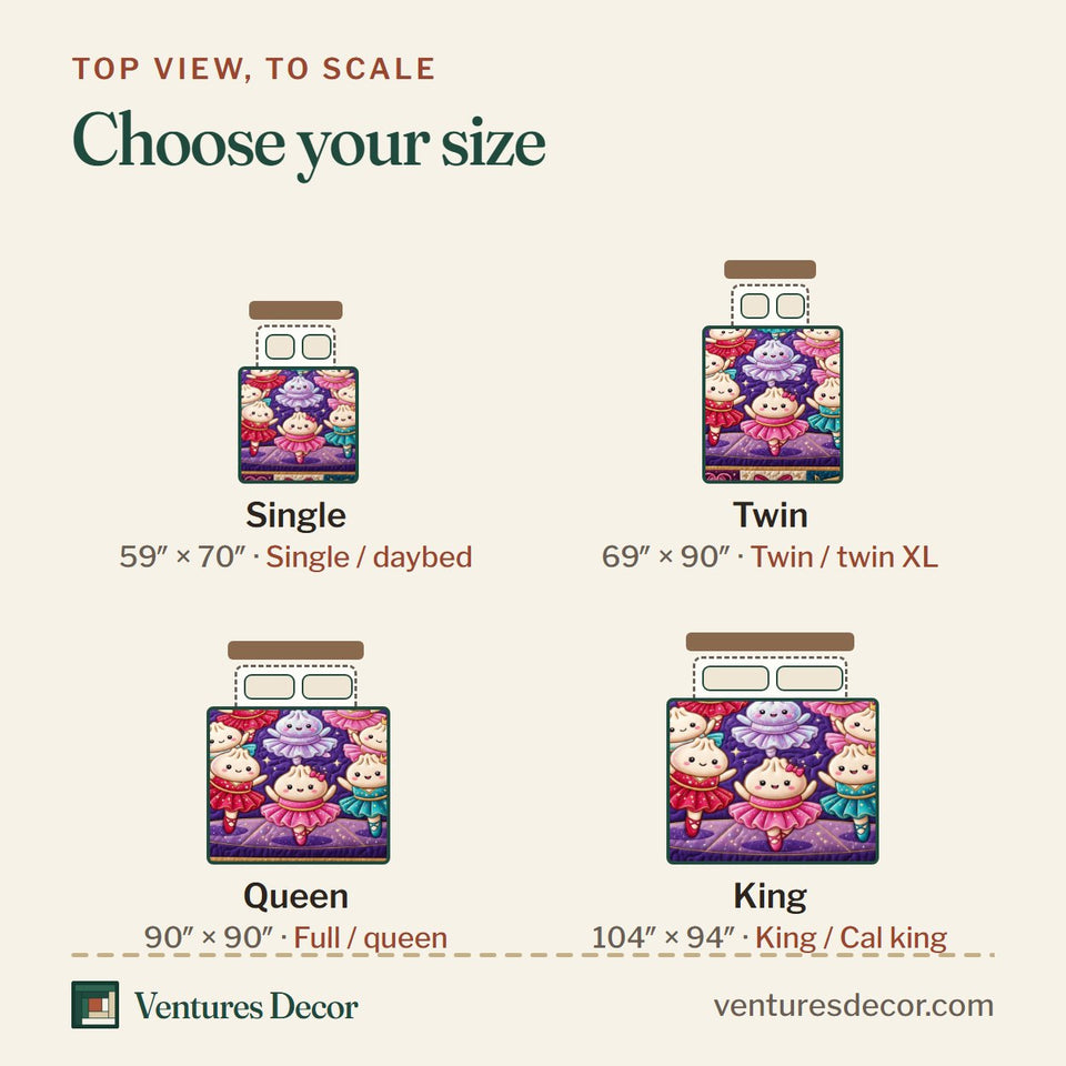 Size guide for the Dumpling Lover Foodie Gift quilt, top view to scale: Single 59 x 70 in, Twin 69 x 90 in, Queen 90 x 90 in, King 104 x 94 in