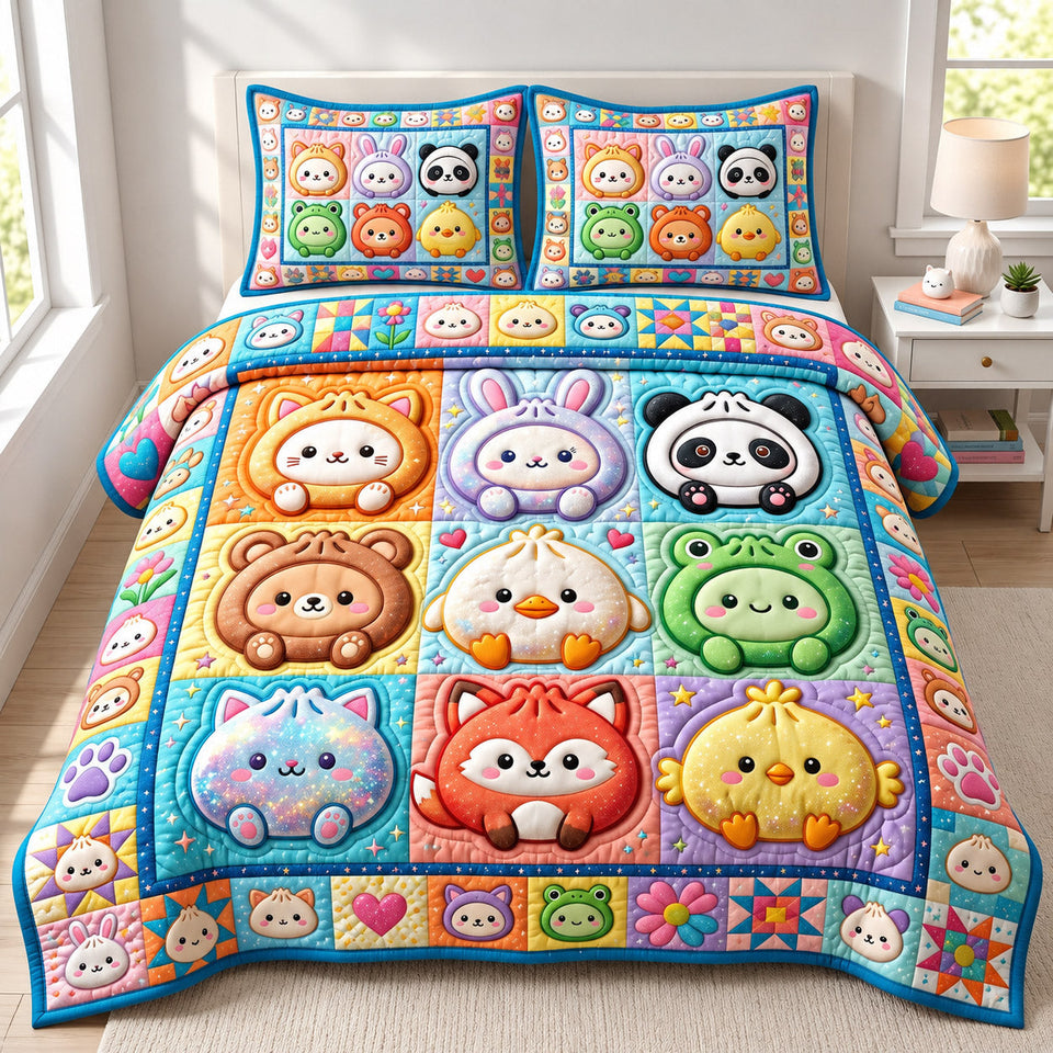 Dumpling Lover in Blush quilted bedding set, quilt and two pillow shams on a made bed