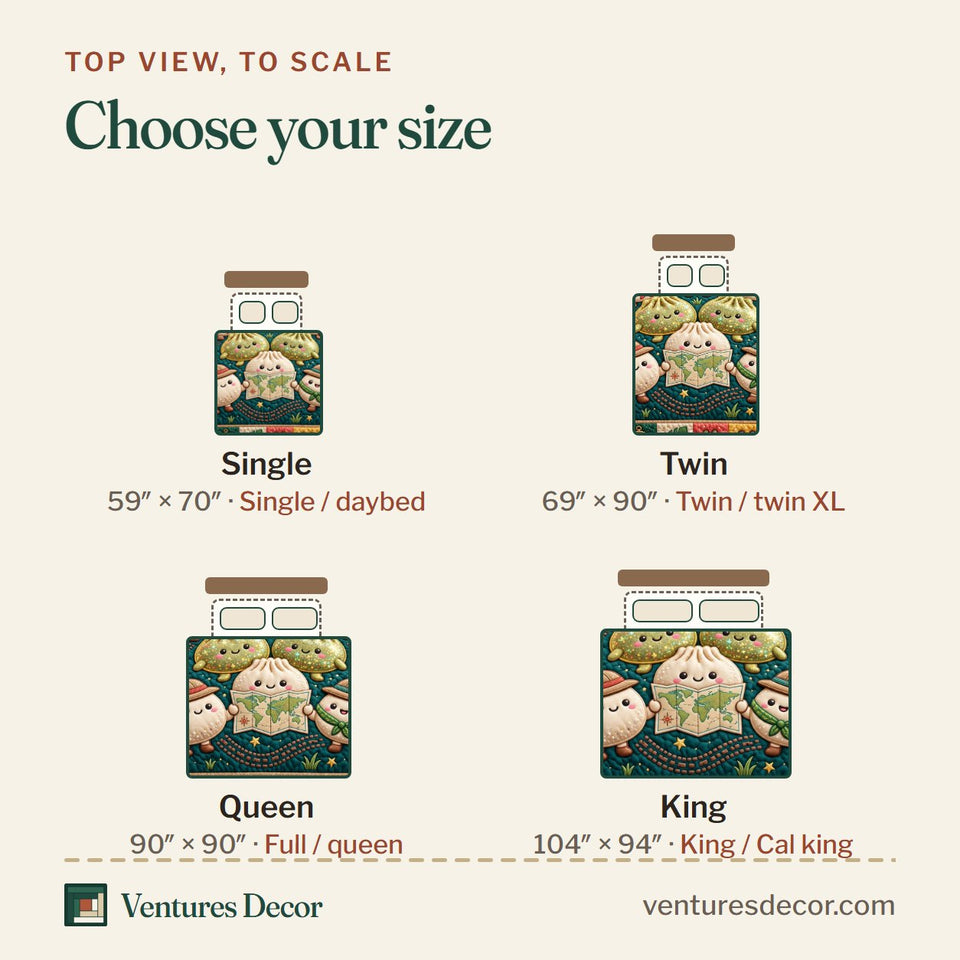 Size guide for the Dumpling Lover in Brown quilt, top view to scale: Single 59 x 70 in, Twin 69 x 90 in, Queen 90 x 90 in, King 104 x 94 in