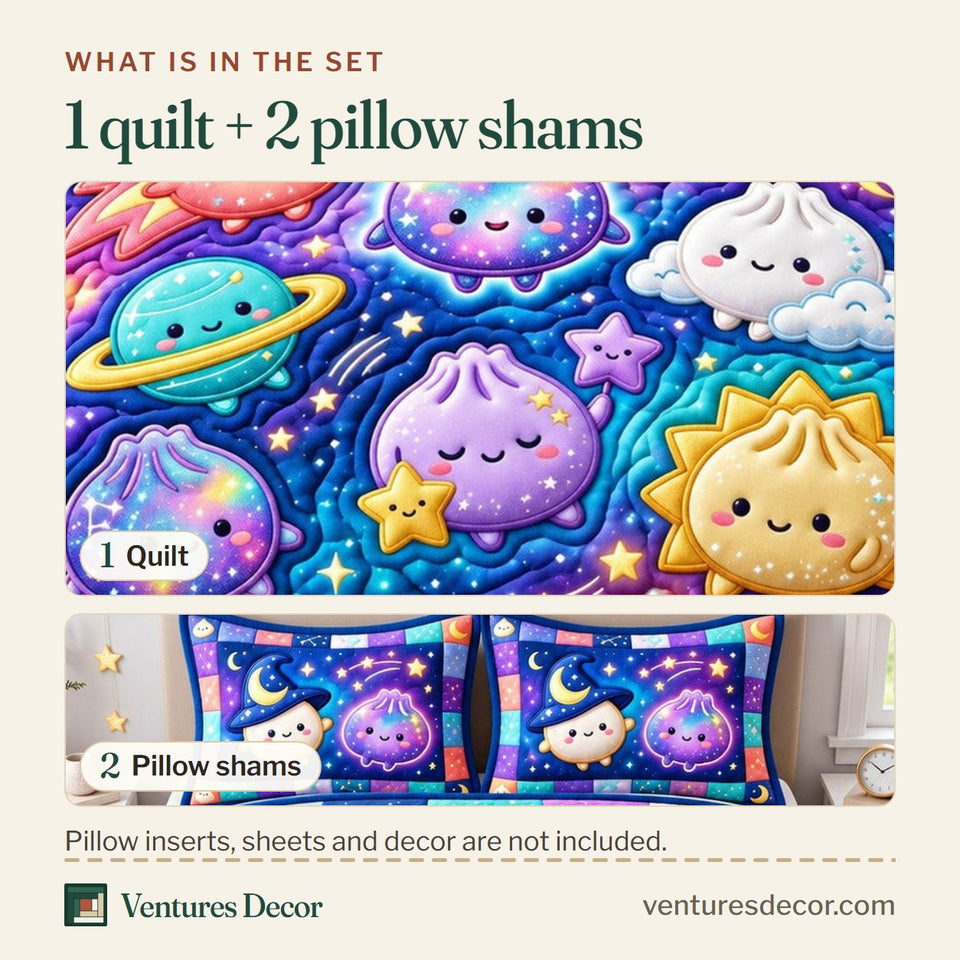 What is in the set: one quilt and two pillow shams, shown in the Dumpling Lover in Royal Blue design